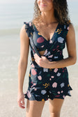 Summer | Women's V-Neck Swim Romper with Built-In Bra and Ruffle Shorts