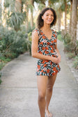 Summer | Women's V-Neck Swim Romper with Built-In Bra and Ruffle Shorts